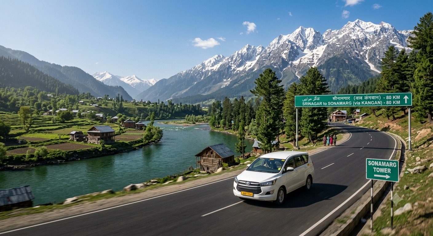 Srinagar to Sonamarg taxi round trip fare by Nature Connect Travels showing sedan on Sindh valley highway