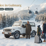 Taxi service in Gulmarg - white 4x4 SUV at Gulmarg taxi stand with Gondola cable car ascending through frosted pine trees