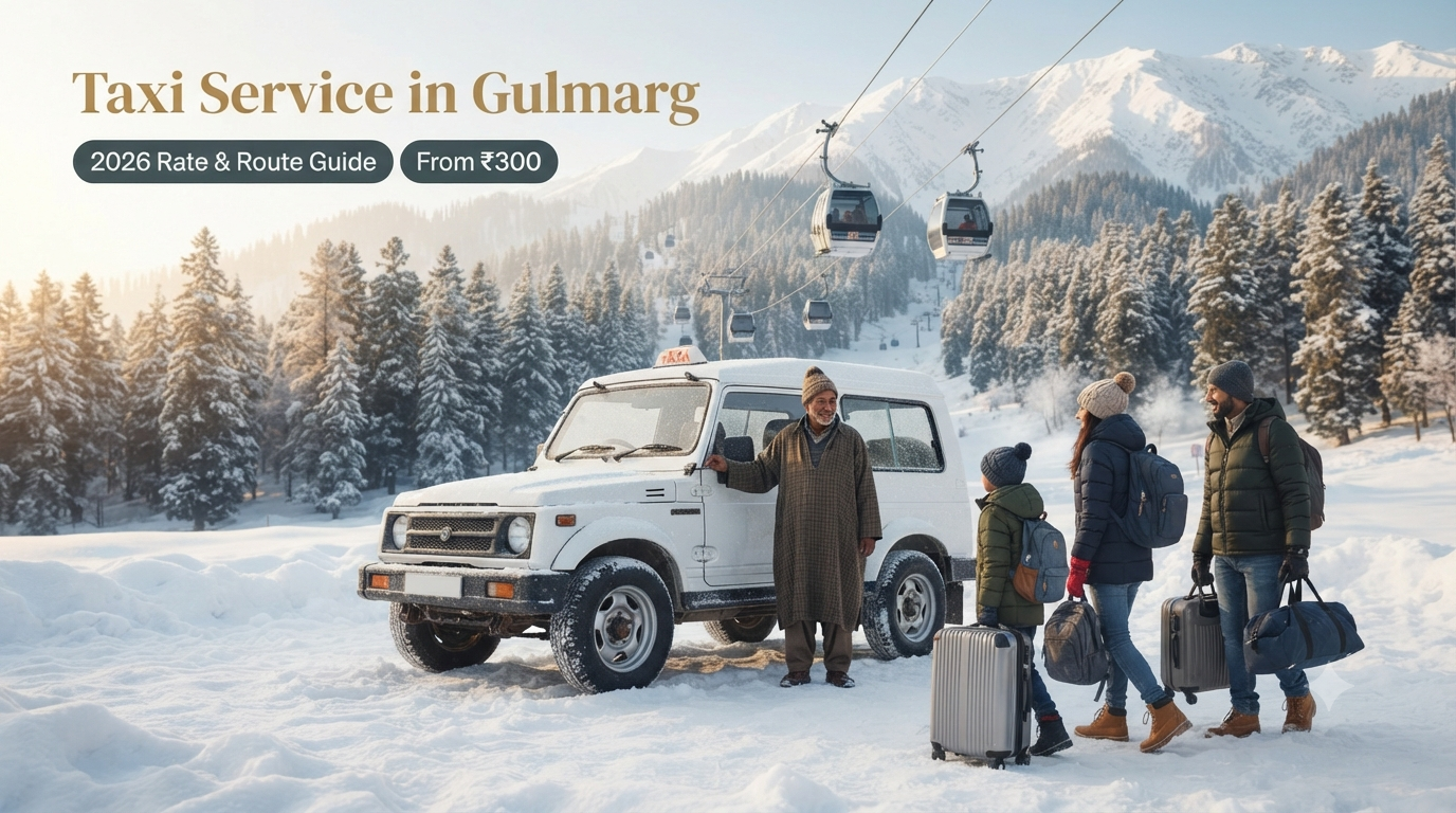 Taxi service in Gulmarg - white 4x4 SUV at Gulmarg taxi stand with Gondola cable car ascending through frosted pine trees