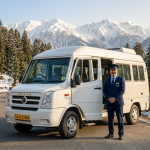 Tempo traveller Srinagar to Gulmarg with Nature Connect Travels showing Force Tempo Traveller on Srinagar highway