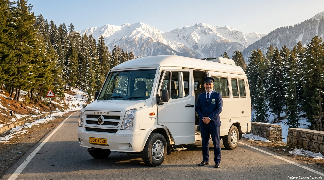 Tempo traveller Srinagar to Gulmarg with Nature Connect Travels showing Force Tempo Traveller on Srinagar highway