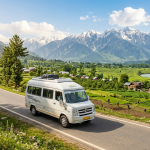 Tempo traveller charges per km in Srinagar by Nature Connect Travels showing tempo traveller on Dal Lake Boulevard
