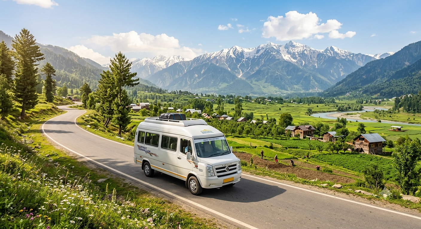 Tempo traveller charges per km in Srinagar by Nature Connect Travels showing tempo traveller on Dal Lake Boulevard