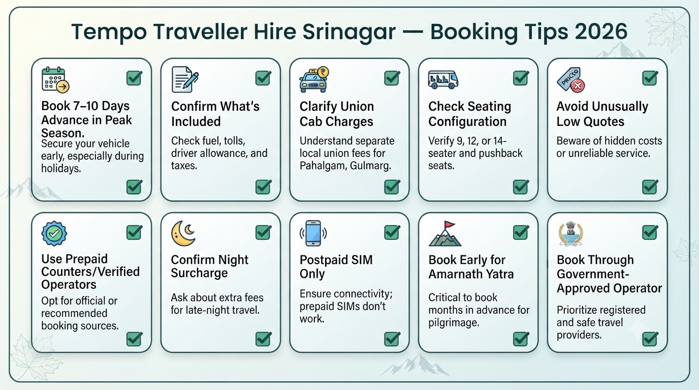 Tempo traveller hire in Srinagar - booking tips infographic for hassle-free group tour booking in Kashmir travel
