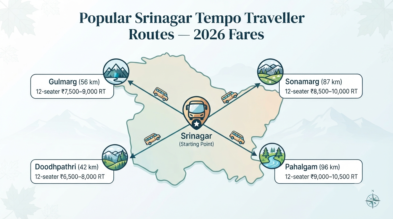 Tempo traveller hire in Srinagar - route-wise fare chart infographic Gulmarg Pahalgam Sonamarg Doodhpathri group tour rates