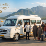 Tempo traveller hire in Srinagar - white Force Tempo Traveller with driver on Boulevard Road along Dal Lake for group travel