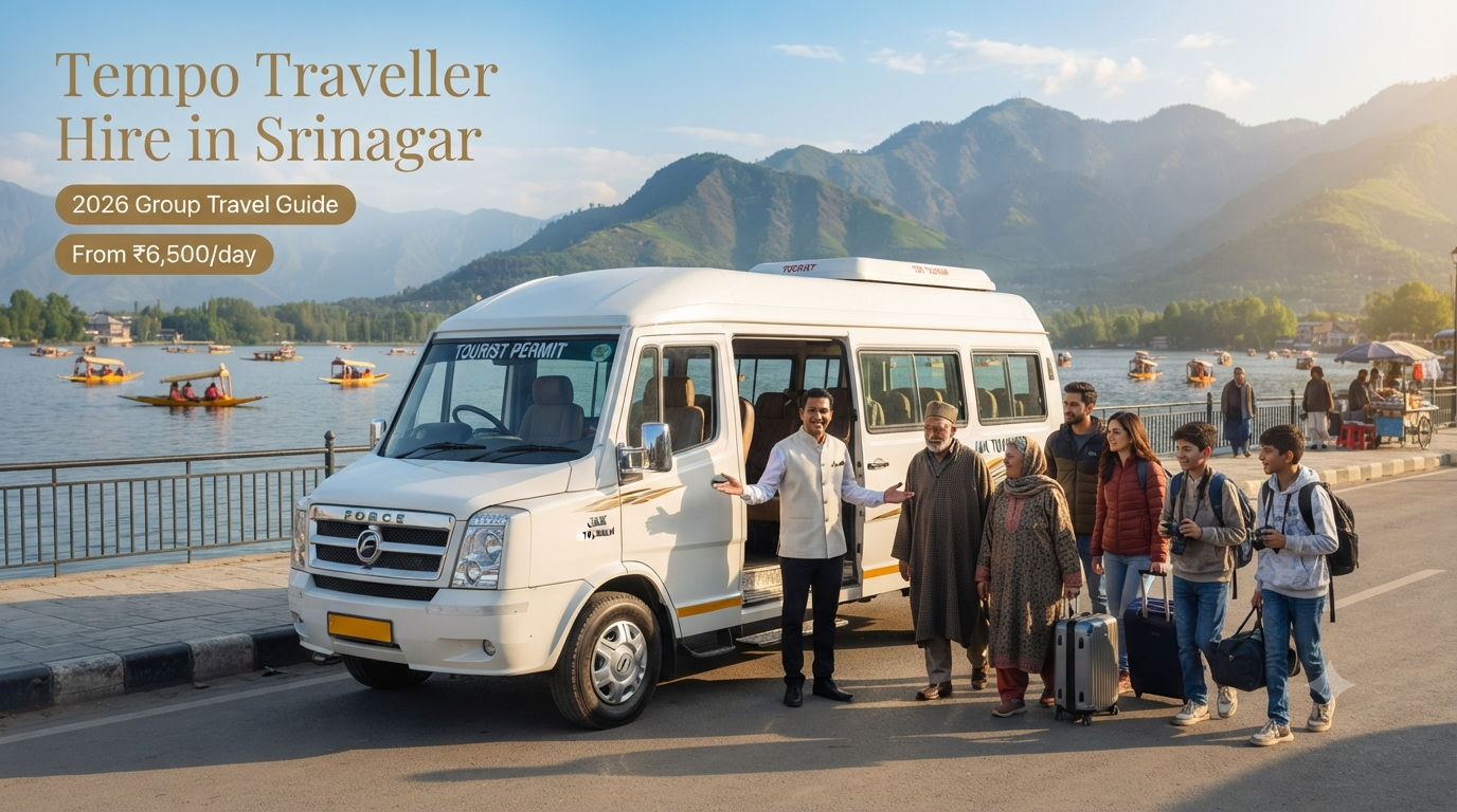 Tempo traveller hire in Srinagar - white Force Tempo Traveller with driver on Boulevard Road along Dal Lake for group travel