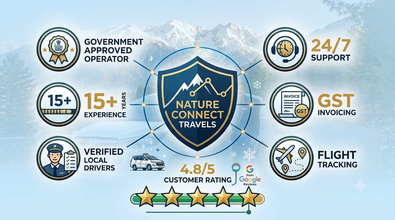 Trust indicators infographic for Nature Connect Travels Kashmir reliable taxi service reviews and phone number showing government approval and 15 years experience