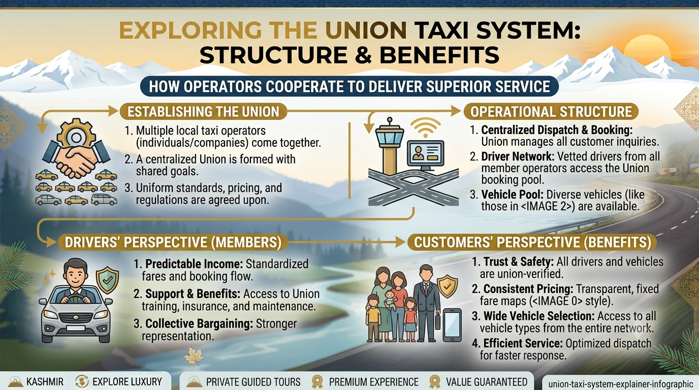 Srinagar Taxi Contact Number 2026 | Nature Connect Travels 9 Union taxi system explainer infographic for Srinagar taxi contact number by Nature Connect Travels