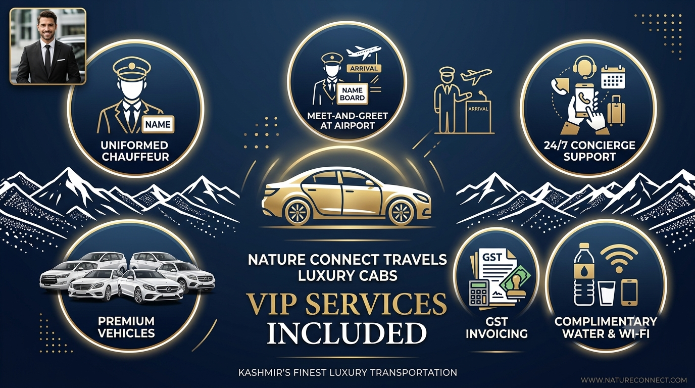 VIP services infographic for Kashmir luxury cabs by Nature Connect Travels showing chauffeur and concierge features