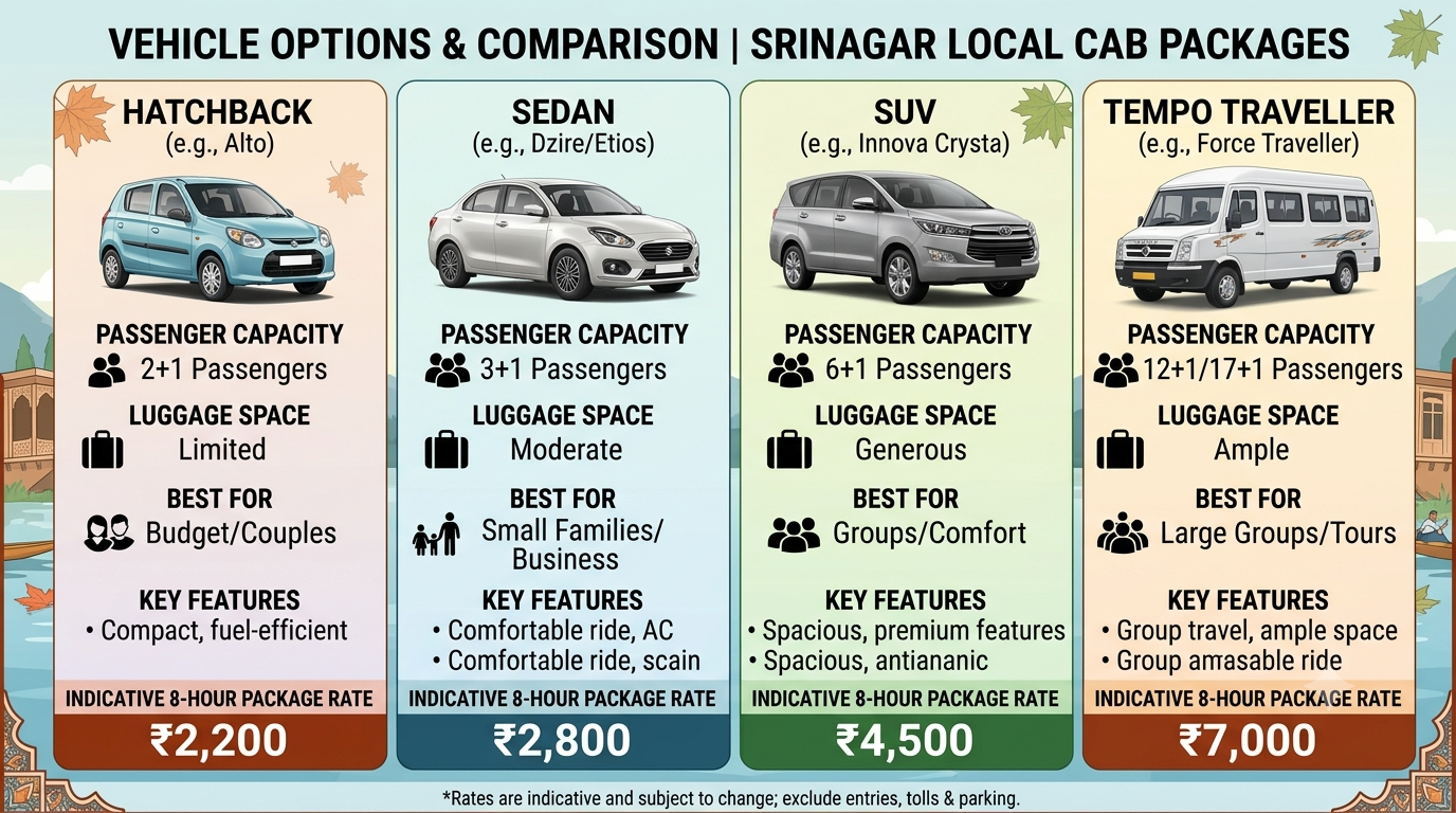 Vehicle comparison infographic for Srinagar local cab package by Nature Connect Travels