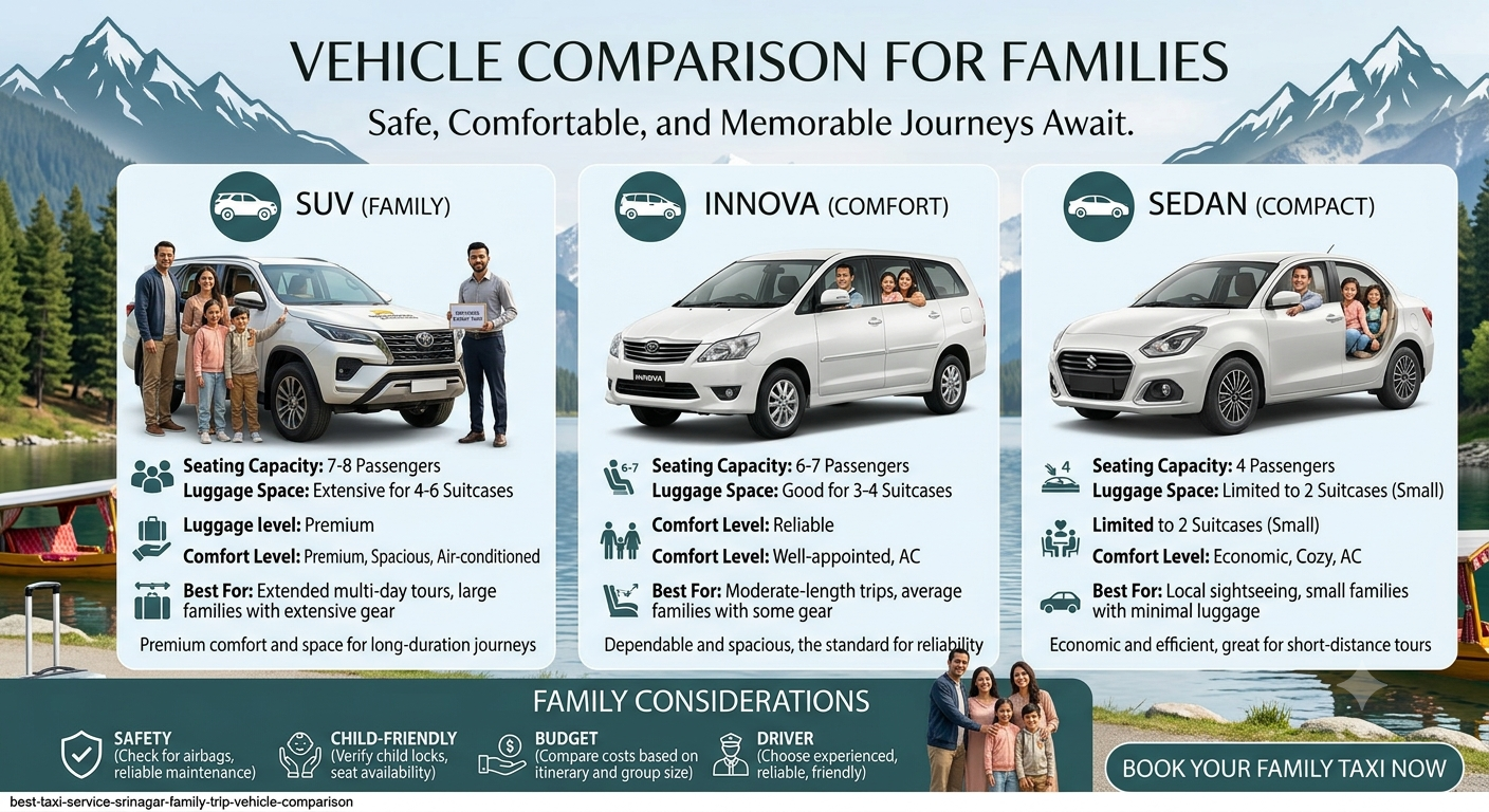 Best Taxi Service in Srinagar for Family Trip | Nature Connect 10 Vehicle comparison infographic for best taxi service in Srinagar for family trip by Nature Connect Travels