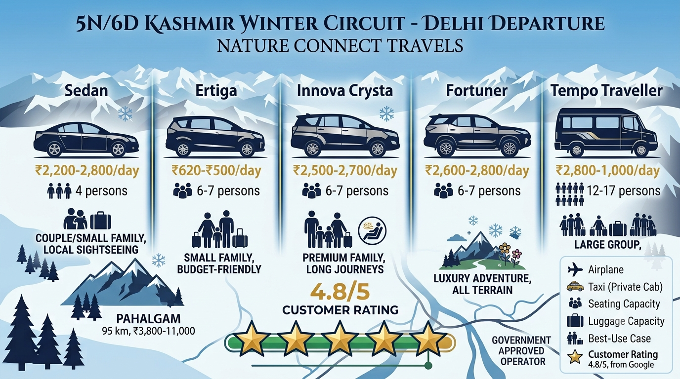 Vehicle fleet comparison for Nature Connect Travels Kashmir taxi service showing sedan Innova Fortuner and Tempo Traveller rates