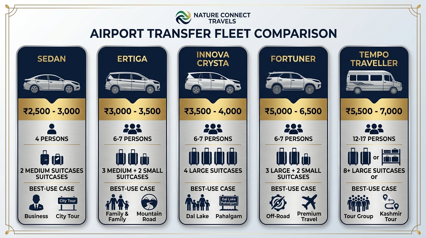 Srinagar Airport Taxi 2026 | Nature Connect Travels ₹2,500+ 9 Vehicle fleet comparison for Srinagar airport taxi service showing sedan Innova Crysta Fortuner and Tempo Traveller rates