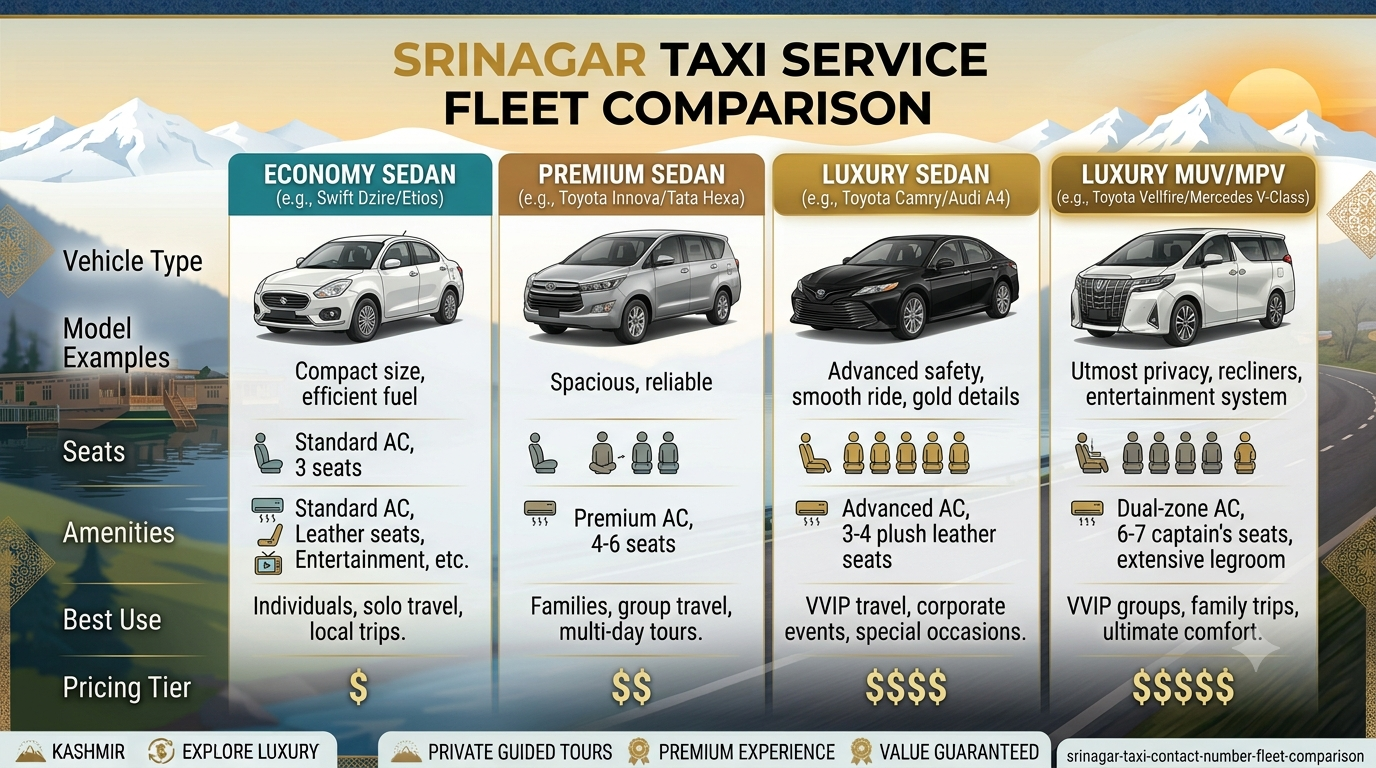 Srinagar Taxi Contact Number 2026 | Nature Connect Travels 7 Vehicle fleet comparison infographic for Srinagar taxi contact number by Nature Connect Travels
