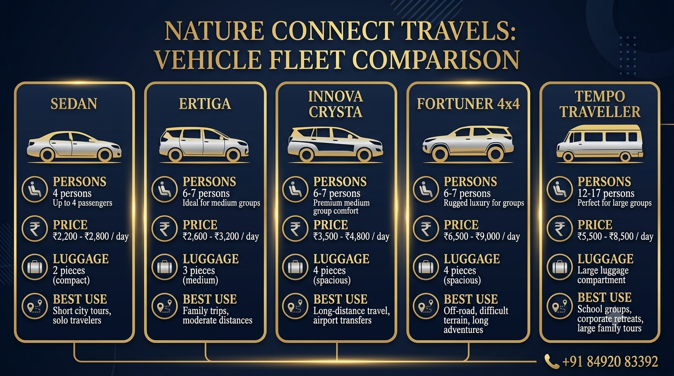 Vehicle fleet infographic for Kashmir cab service phone number showing sedan Innova Fortuner and Tempo options