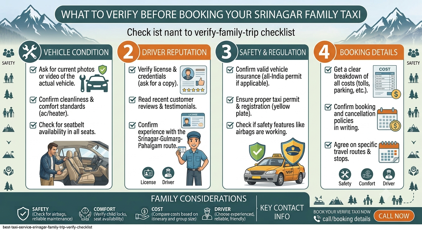 Best Taxi Service in Srinagar for Family Trip | Nature Connect 12 Verification checklist infographic for best taxi service in Srinagar for family trip by Nature Connect Travels