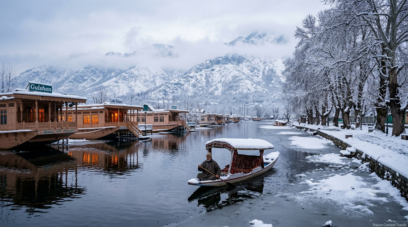 Winter packages Kashmir by Nature Connect Travels showing snow-covered Dal Lake houseboats and Shikara