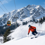 Winter sports package Gulmarg by Nature Connect Travels showing skier on powder slopes with Gondola