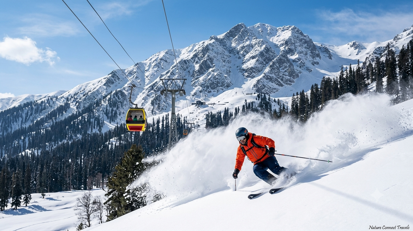 Winter sports package Gulmarg by Nature Connect Travels showing skier on powder slopes with Gondola