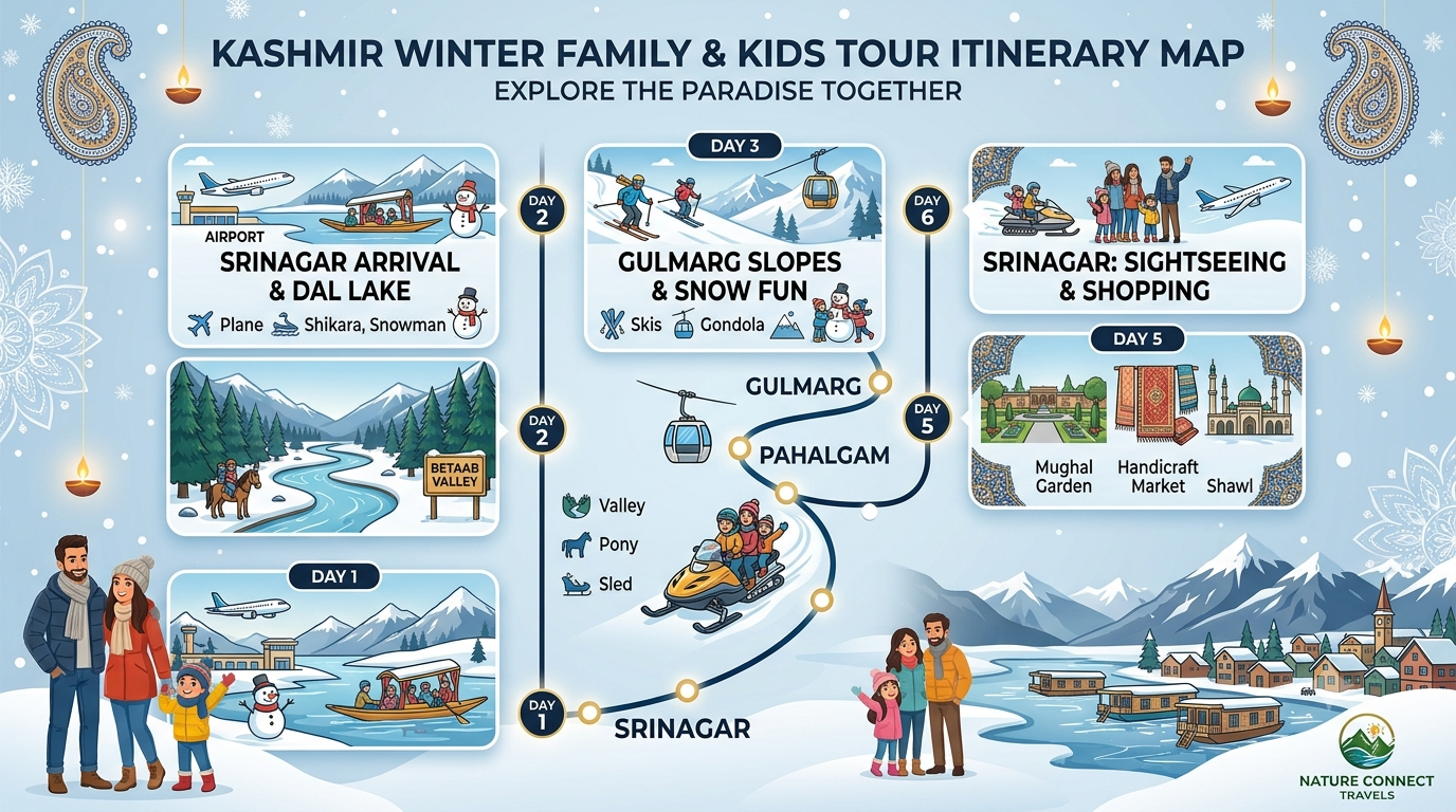 day Kashmir winter package for family with kids itinerary map showing Srinagar Gulmarg and Pahalgam family route