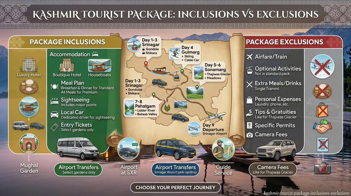 inclusions and exclusions infographic for Kashmir tourist package 2026 by Nature Connect Travels