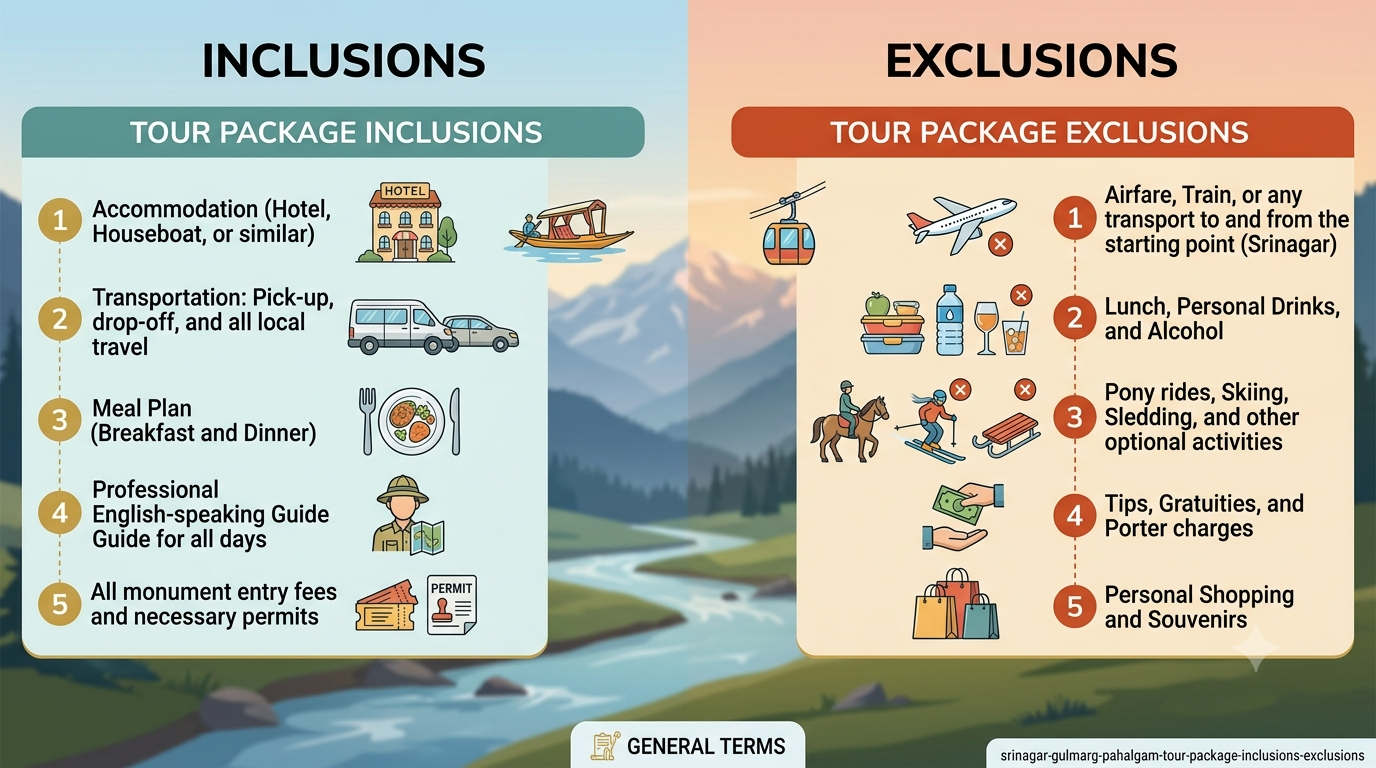 nclusions and exclusions infographic for Srinagar Gulmarg Pahalgam tour package 2026 by Nature Connect Travels
